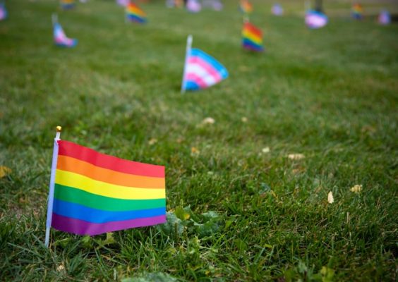 Flags planted on the ground outside of Hendricks Chapel.